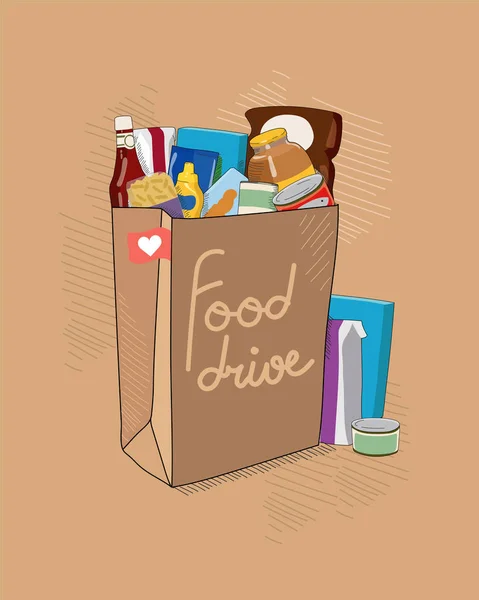 Food Drive illustrazione vettoriale di beneficenza con sacchetto di carta marrone con confezioni di cibo piccole e non deperibili. Aiuto alle persone . — Vettoriale Stock