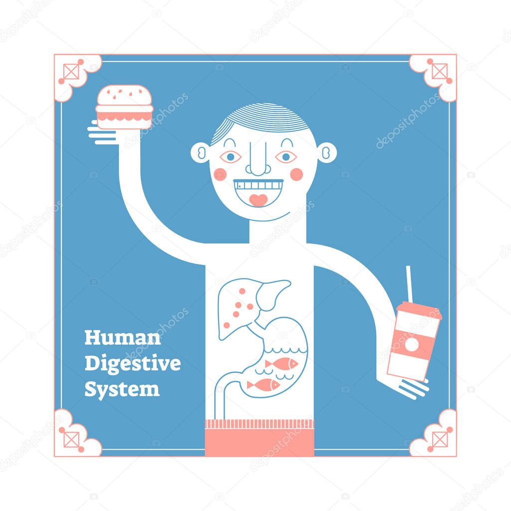 Stylized Human Digestive System, modern anatomical vector illustration, conceptual decorative style art poster with male having meal and digestive tract cross section.