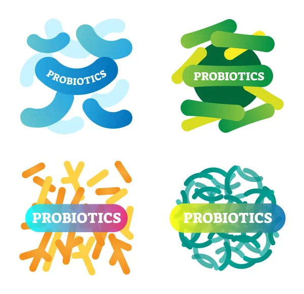 Ilustração vetorial com conjunto de ícones de probióticos rotulados. Coleção artística com boas bactérias anatômicas closeup. Noções básicas de saúde, biologia e bem-estar . —  Vetores de Stock