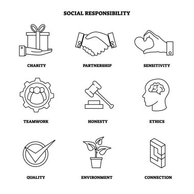 Vektör çizim ile sosyal sorumluluk Icon set özetliyor. Sadaka, ortaklık, hassasiyet, ekip çalışması ve dürüstlük semboller koleksiyonu. Şirket Csr temelleri.