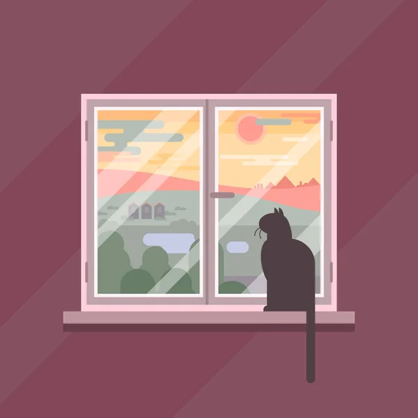 Ilustración plana vectorial con vista a la ventana. Silueta de gato con cola mirando hacia el exterior al lago, casas, ciudad, árboles, puesta de sol, nubes y cielo. Acogedoras paredes púrpuras en la habitación . — Vector de stock