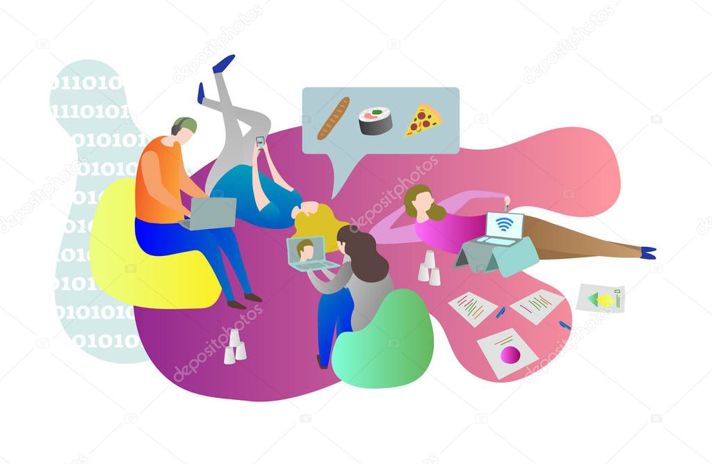Student friends chilling online together while laying on the ground indoors. College life conceptual scene with males and females relaxing and using gadgets.