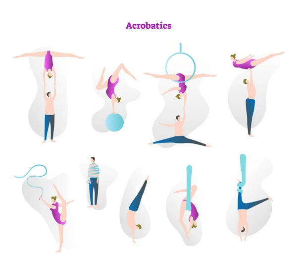 Conjunto de colecção de ícones de ilustrações vetoriais Acrobatics. Casal realizando flexibilidade, força e graça no esporte atlético. Truques de dublê de circo com corda, aro e bola . — Vetor de Stock