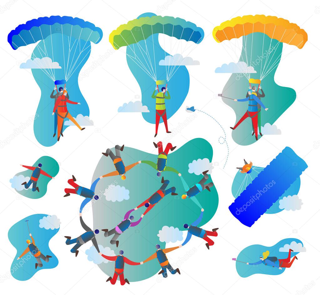 Skydiving vector illustration set. Collection of solo, tandem and formation group flights. Pilot with passenger, harness, parachute and gopro stick. Extreme sport.