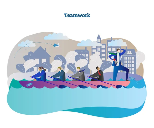 Business teamwork illustrazione concettuale vettoriale con l'unità del team vogatore e leader che si muove verso il successo evitando ostacoli e sfide . — Vettoriale Stock