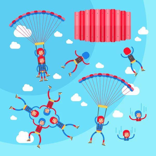 Skydiving vector illustration set. Collection of solo, tandem and formation group flights. Pilot with passenger, harness, parachute and selfie stick. Extreme sport. — Stock Vector