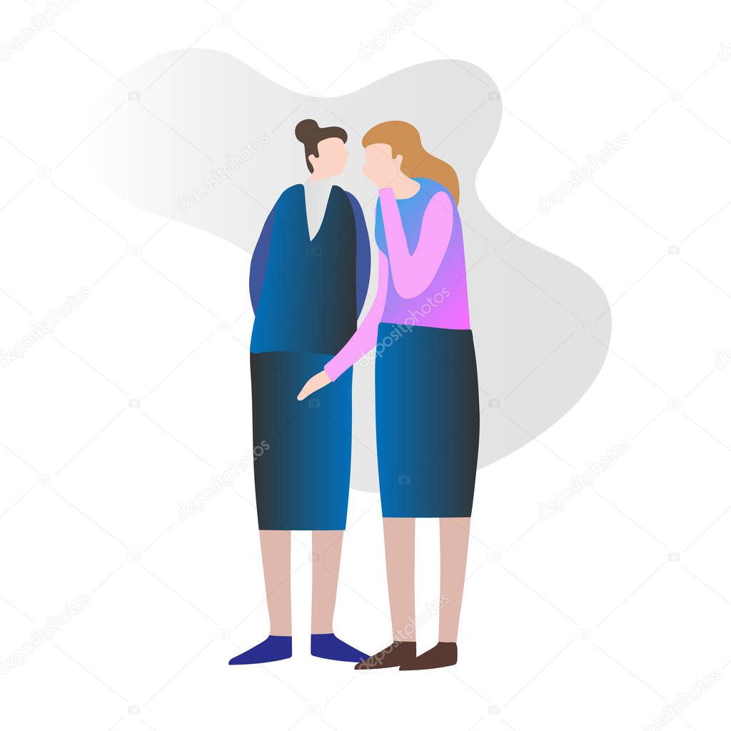 Two female friends gossiping and secretly spreading private news. Whispering in the ear and discussing rumors. Conceptual modern and simple vector illustration.