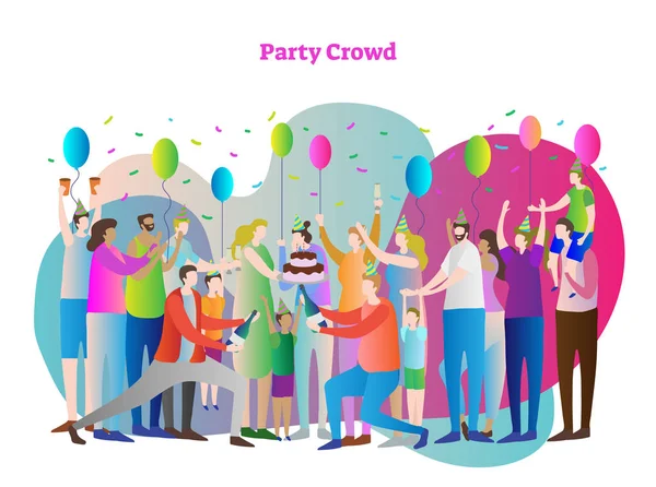 Partido multitud vector ilustración. Amigos y familiares juntos en la celebración del cumpleaños. Personas con emociones positivas, sombrero de fiesta, pastel, globos, champán y confeti . — Vector de stock