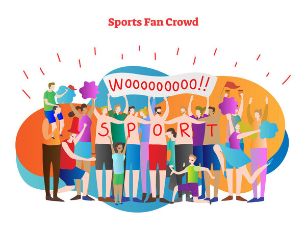 Sports fan crowd vector illustration. Enthusiasts and cheerleader supports team, athlete or club in tournament or championship. Topless people with poster and hands up.