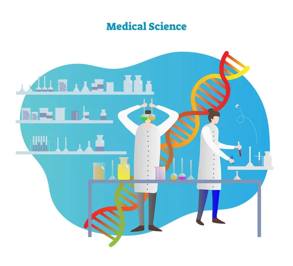 Medizinisch-wissenschaftliche Vektorillustration. Wissenschaftler testen und forschen Pillen, Medikamente, Medikamente oder Rezepte. Labor mit Pharmazie, Chemie und wissenschaftlichen Werkzeugen. — Stockvektor