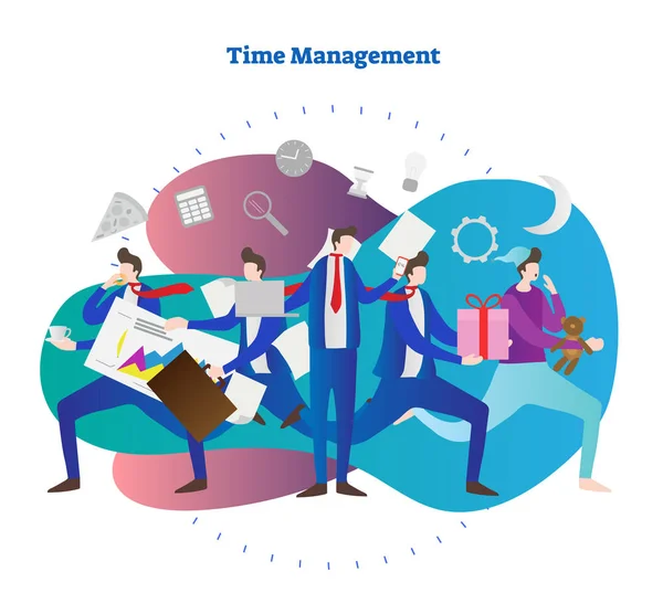 Time management vektoros illusztráció. Az ember próbálja időben mindenütt. Alvás, ülés, üzleti, munka, vagy eszik. Szimbólum, elfoglalt, stresszes élet és szervezet készség. — Stock Vector