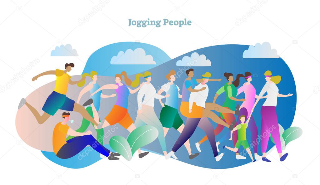 Jogging people vector illustration. Outside fitness sport activity with man, woman, girl, boy and trainer. Crowd group running in good shape and healthy lifestyle.