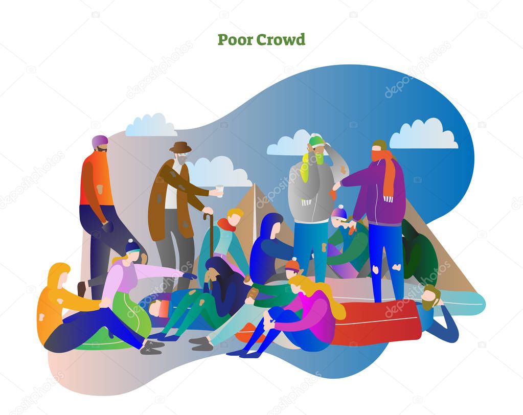 Poor crowd vector illustration. Homeless man, woman and elder people standing, sleeping and talking in cold winter. Social community in city and suburbs. World problem.