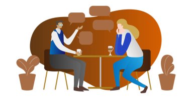 Kafede kahve fincanı ile masada iki kişi ile özel bir görüşme kavramı sahne. Modern vektör blog içerik çizim.