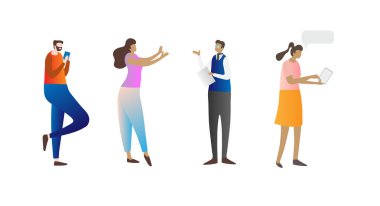 Çevrimiçi çalışıyorsanız, iletişim ve vizyoner iş fikirleri sunan mobil cihazlar kullanan insanların karakterleri.