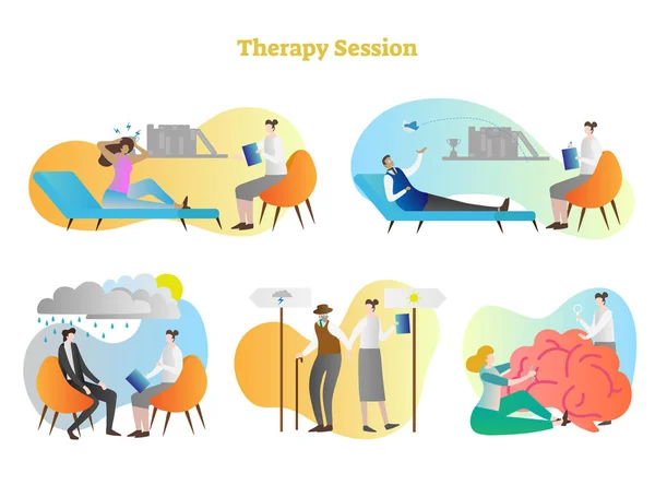 Terapi session vektor illustration samling set. Ilska, depression, stress och andra känslomässiga problem hjälpa till att lösa konsult, psykiater eller läkare. Hjärnan fix. — Stock vektor