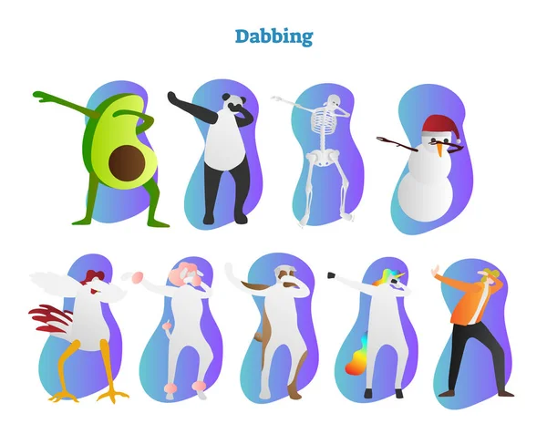 Illustrazione vettoriale dabbing. Avocado, panda, scheletro e pupazzo di neve Frosty sta cadendo a capofitto. Pollo, unicorno e umano sta mostrando famosa mossa di danza hiphop . — Vettoriale Stock