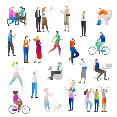 Cep telefonları vektör çizim simgesini koleksiyon küme olan insanlar. İnsan konuşmak için akıllı telefon tutarak, sohbet, mesajlaşma, selfie, resim veya yüz zaman ayırın. Modern teknoloji.