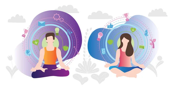 Técnicas de relaxamento ilustração vetorial. Casal humano sentado na posição de lotos de ioga e desfrutar de calma, equilíbrio, harmonia e paz. Medicina alternativa para a vitalidade . —  Vetores de Stock