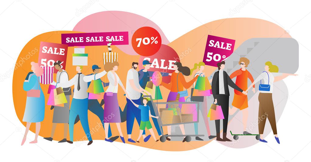 Shopping mall crowd vector illustration. Family in sale center and store. American lifestyle and buying sale stuff for money. Consumer and customer generation scene.