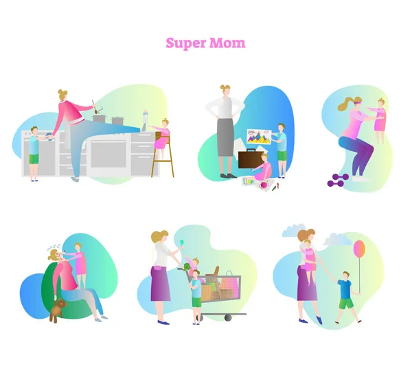 Insieme di raccolta illustrazione vettoriale super mamma. Mamma impegnata con bambini e bambini. Attività domestiche come cucinare, dipingere, esercitare, dormire, fare shopping e camminare . — Vettoriale Stock