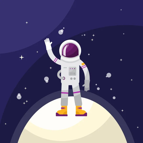 Astronaut vektorové ilustrace. Kosmonaut a lidé ve vesmíru mává stojící na planetě nebo měsíc. Letu a průzkumu mezihvězdného mise s přilbou a barvy. — Stockový vektor