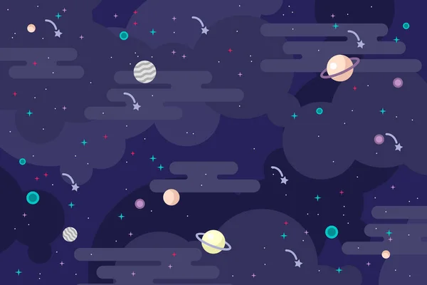 Ilustración del vector de fondo Galaxy. Espacio exterior cósmico con sol, estrellas con anillos y meteoros. Objetos astrológicos y astronómicos infinitos. Planetario púrpura y oscuro . — Vector de stock