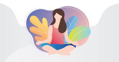 Gevşeme teknikleri, modern vektör çizim. Yoga lotos içinde oturan kadın kişi konumlandırın ve sakin, uyum ve huzur keyfini çıkarın. Renkli ve sıvı degrade arka plan ile stilize bitki.