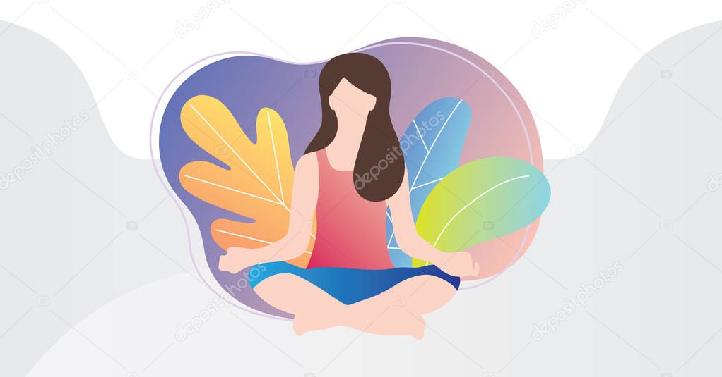 Relaxation techniques, modern vector illustration. Female person sitting in yoga lotos position and enjoy calm, harmony and peace. Colorful and fluid gradient background with stylized plants.