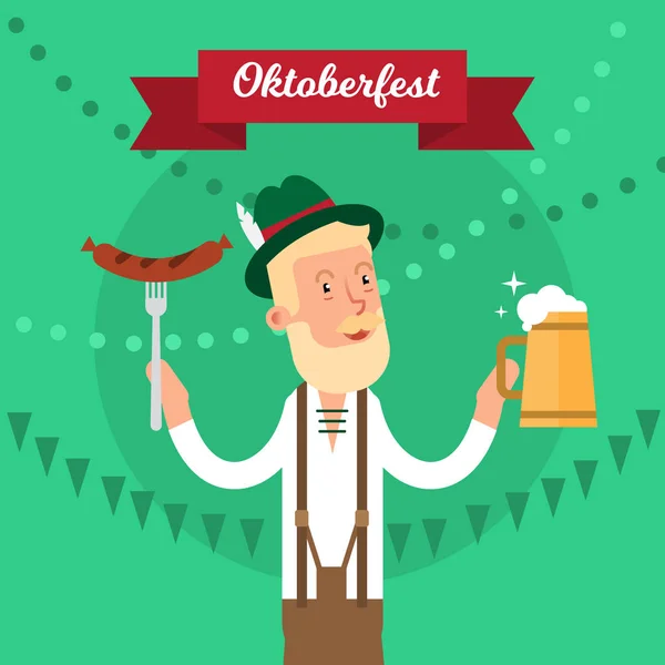 Oktoberfest traditional festival party concept vector illustration poster. National celebration holiday graphic design, person with green hat, beer mug and sausage. Festive green background. — Stock Vector