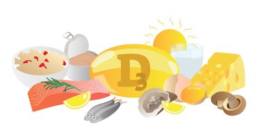 D3 vitamini vektör çizim. Onun kaynak koleksiyonu kümesi. Balık, yumurta, süt, Güneş, havyar ve beyaz arka plan üzerinde izole kapsül. Sağlıklı ve iyi yaşam beslenme.