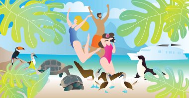 Galapagos Adaları Turları illüstrasyon vektör. Mutlu insanlar yaban hayatı ile okyanus ya da deniz Beach tatil keyfini çıkarın. Yat veya gemi cruise egzotik kaplumbağalar, kuşlar ve mühür.