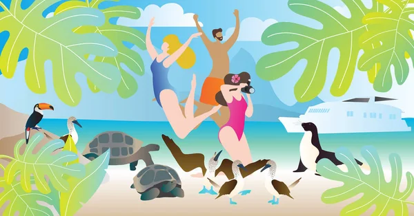 Galapagos eilanden reizen vector illustratie. Gelukkige mensen genieten van vakantie in Oceaan of zee strand met dieren in het wild. Jacht of schip cruise naar exotische schildpadden, vogels en zegel. — Stockvector