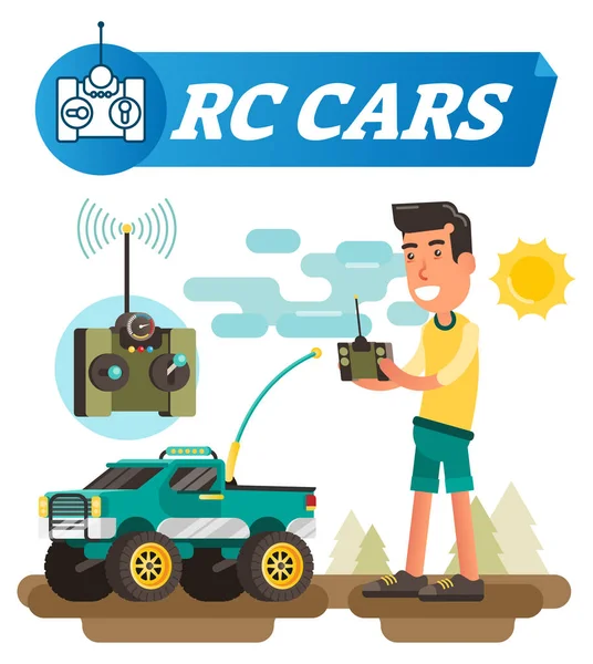 Remote control cars vector illustration. Boy with joystick buttons drive wireless car with antenna. Electronic toy with wheels to drive off road. wifi system symbol. — Stock Vector