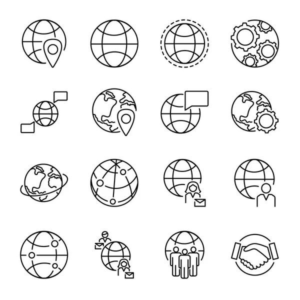 Globalisering concept pictogrammen collectie met verschillende globe vormen en mensen verbinding symbolen. Monoline Eenvoudige vector icons set. Wereld wijd mensen communicatie en samenwerking. — Stockvector