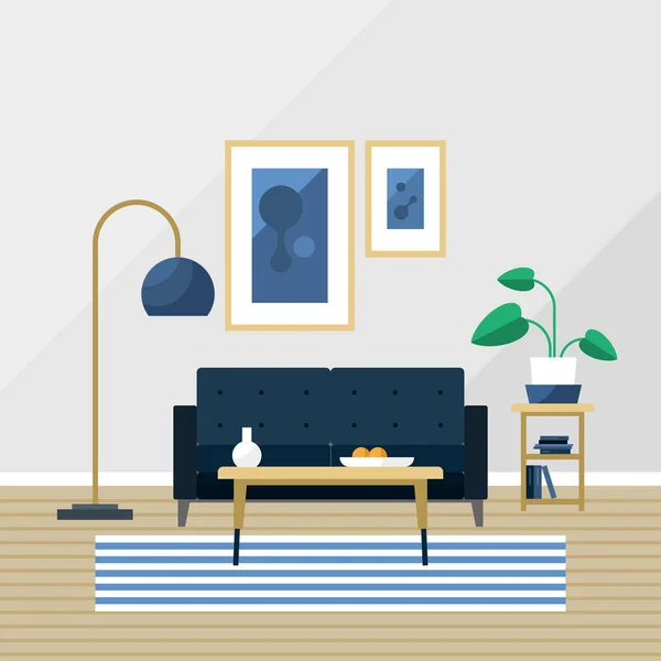 Sala de estar ilustração vetorial. Mobília azul com sofá, lâmpada, fotos, tapete e mesa. Pote com planta e piso de madeira para atmosfera acolhedora em propriedade ou apartamento . — Vetor de Stock