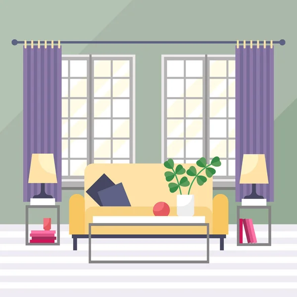 Vardagsrum vektorillustration. Fönster och möbler set med soffan, lampa och tabell. Kruka med växt- och gardiner för mysig atmosfär i estate lägenhet eller lägenhet. — Stock vektor