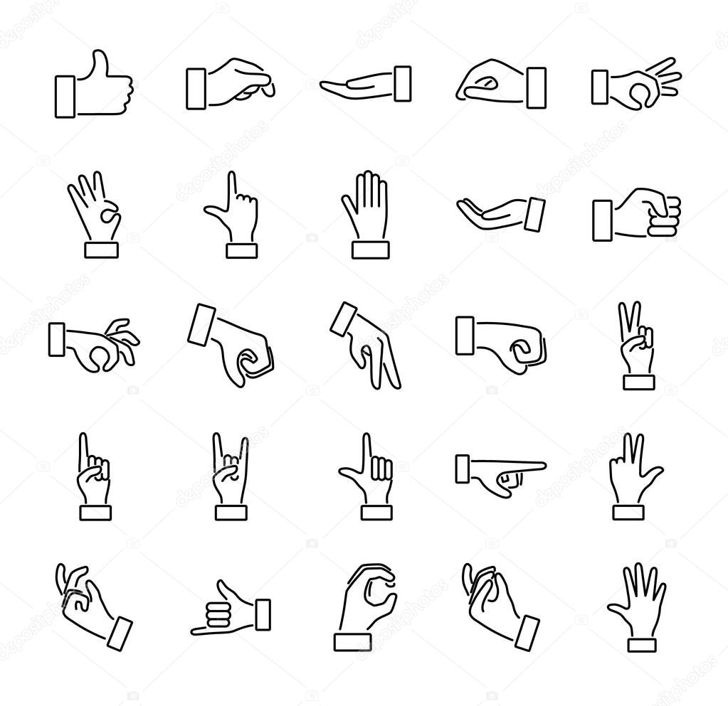 Hand gesture outline vector illustration icon collection set.