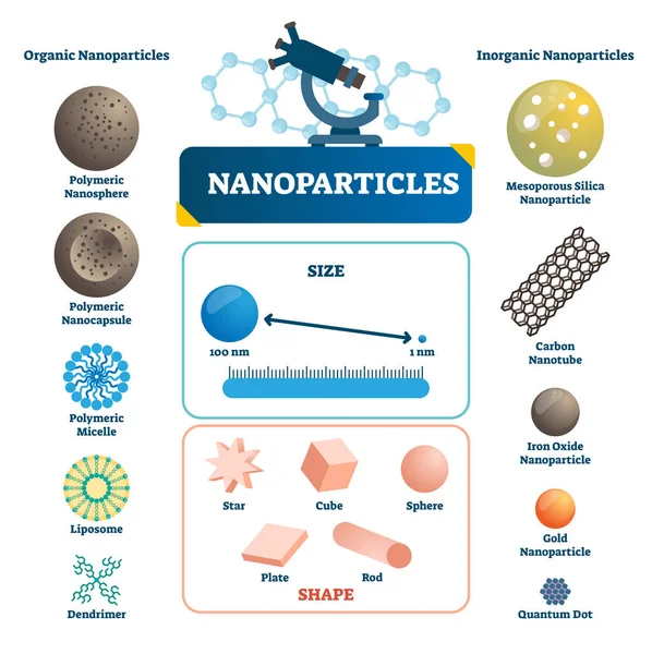 Nanopartículas etiquetadas infografía. Elemento microscópico vector ilustración . — Vector de stock