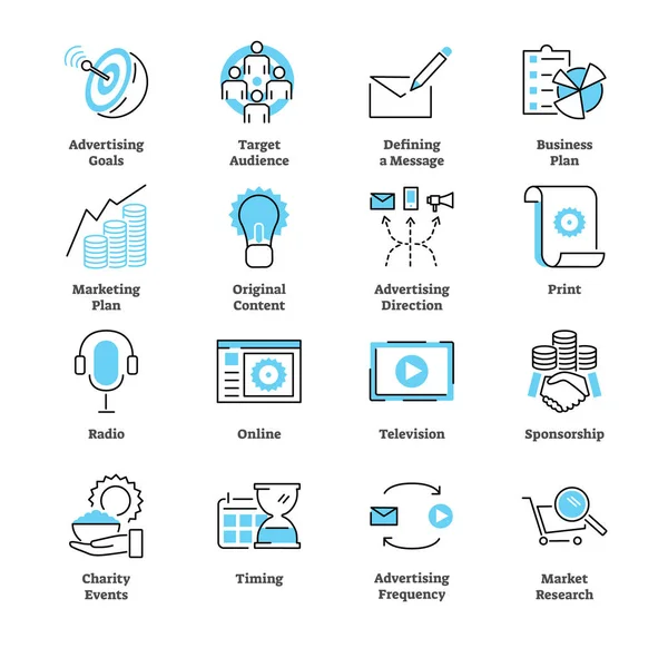 广告计划图标集合集。商业向量例证. — 图库矢量图片