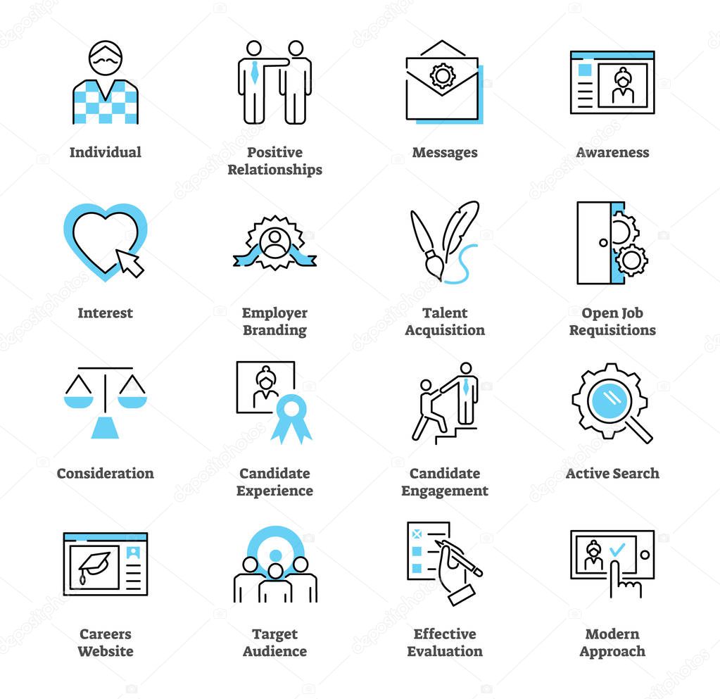 Recruitment marketing icon collection vector set. Hiring talent strategy.