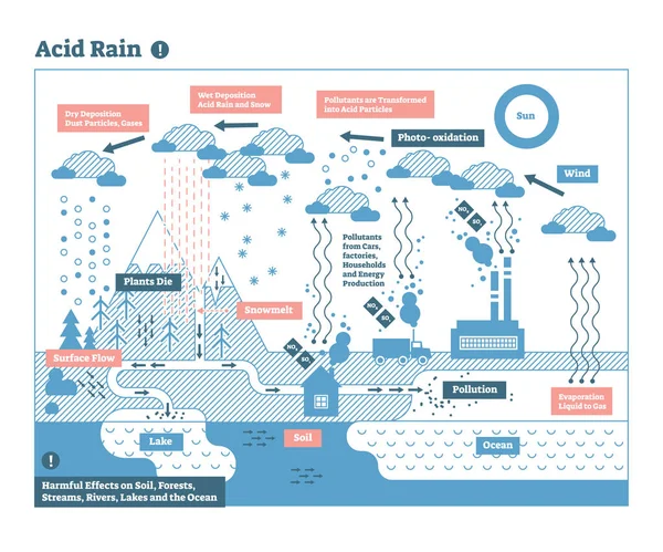 Ciclo de lluvia ácida, infografía de la contaminación del ecosistema natural — Vector de stock