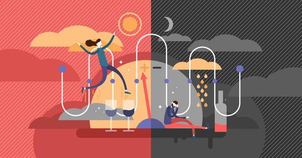 Концепция психологического состояния биполярного расстройства, иллюстрация плоского вектора
