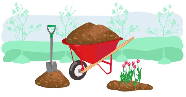 Mulch Gartenkonzept Vektor Illustration. Landwirtschaft Landschaft im Freien saisonale Arbeitsgeräte. — Stockvektor