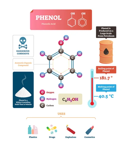 Phenol vector illustration. Labeled molecular acid structure or uses scheme — Stock Vector