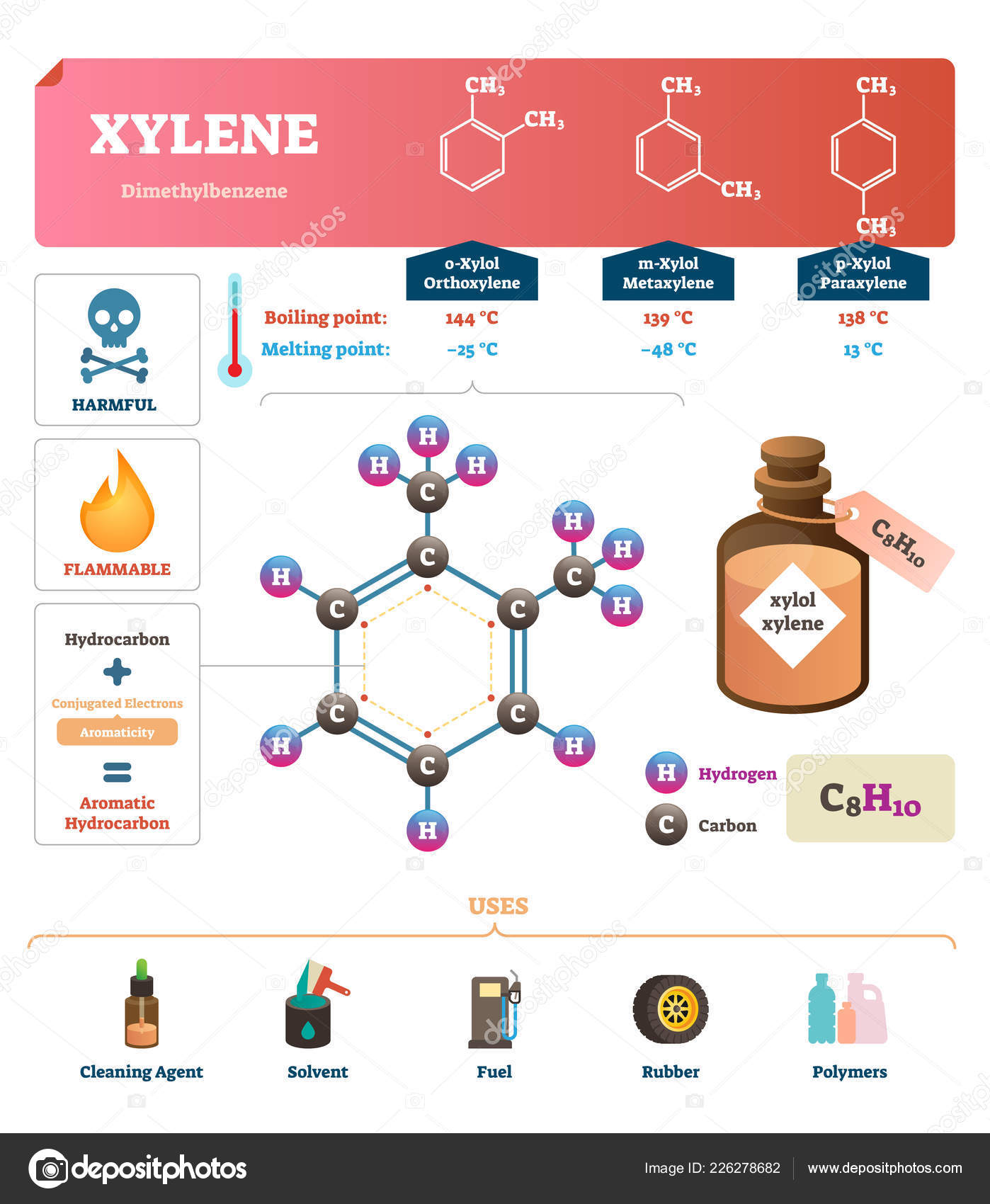 Xylene vector illustration. Labeled synthetic substance structure and ...