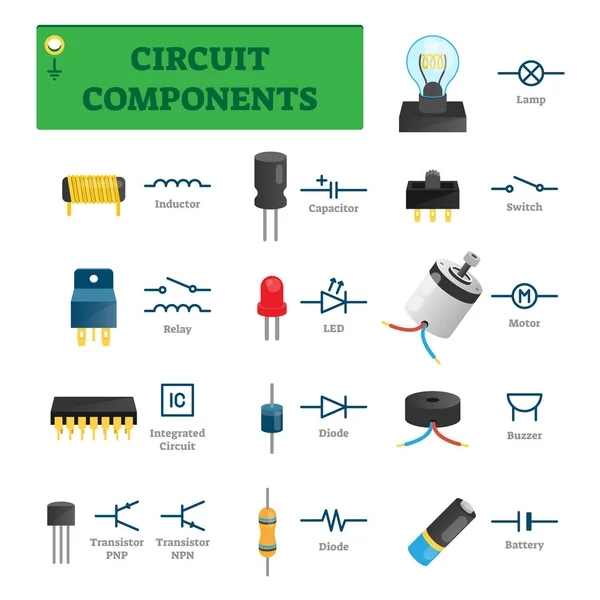 Circuit onderdelen vector illustratie. Lijst met geïsoleerde elektrische symbolen — Stockvector