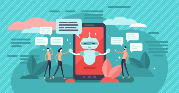 Illustrazione vettoriale di Chatbot. Mini persone parlano con il concetto di robot digitale . — Vettoriale Stock