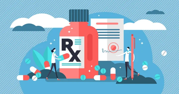 Illustration vectorielle de médicaments d'ordonnance médicale RX. Appartement mini personnes concept — Image vectorielle