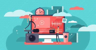 Video editörü vektör çizim, düz mini kişi kavramı ile online video prodüksiyon